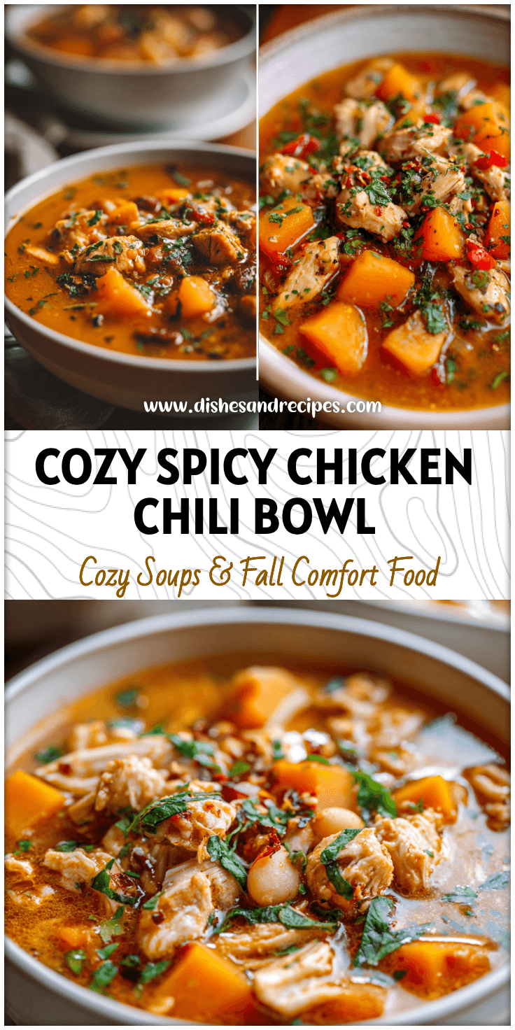 A bowl of Spicy Butternut Squash Chicken Chili topped with herbs and tender chicken chunks in rich broth